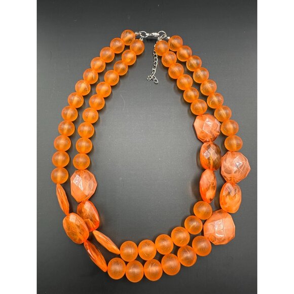 3/$30 Orange Beaded Necklace Acrylic Beads Double Strand Chunky Frosted Faceted - Picture 2 of 7